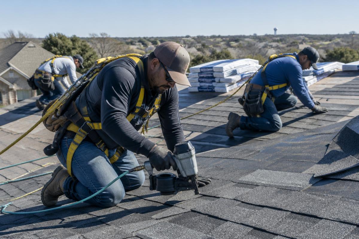 Roofing crew installing new shingles in Mesquite, TX