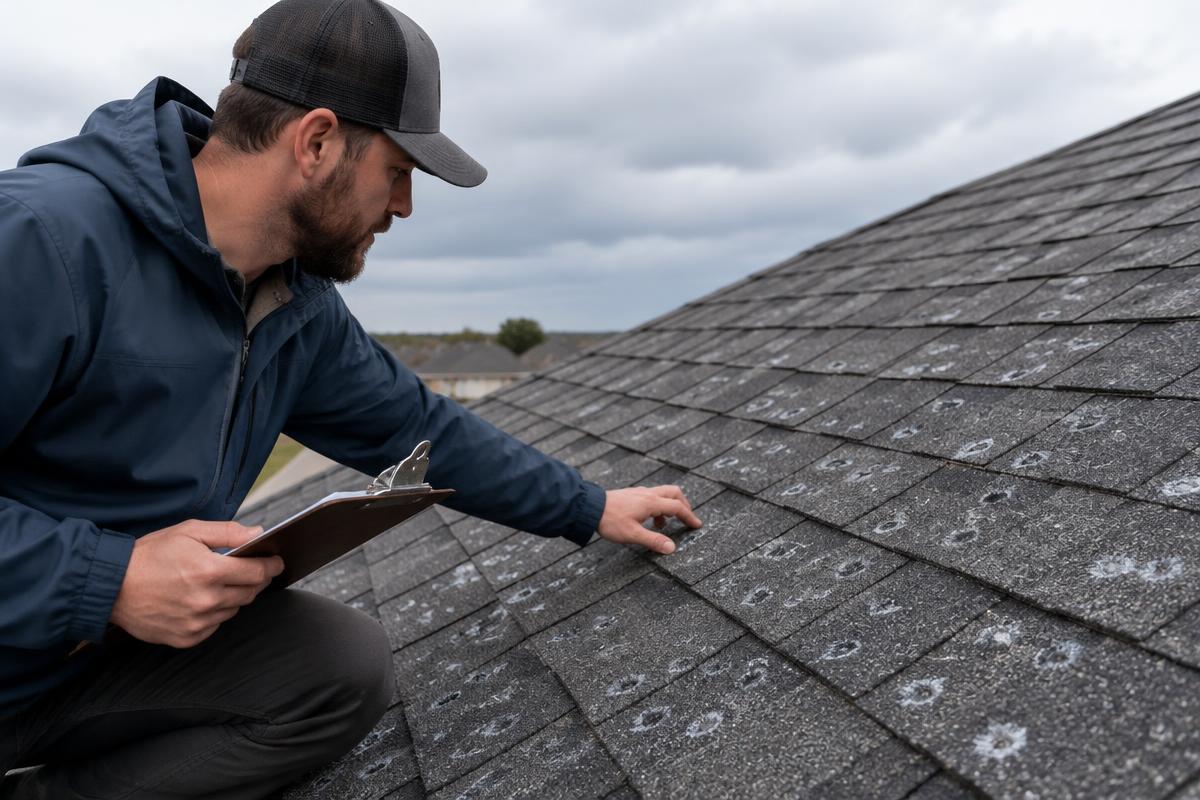 Roofer inspecting hail-damaged shingles in Mesquite, TX