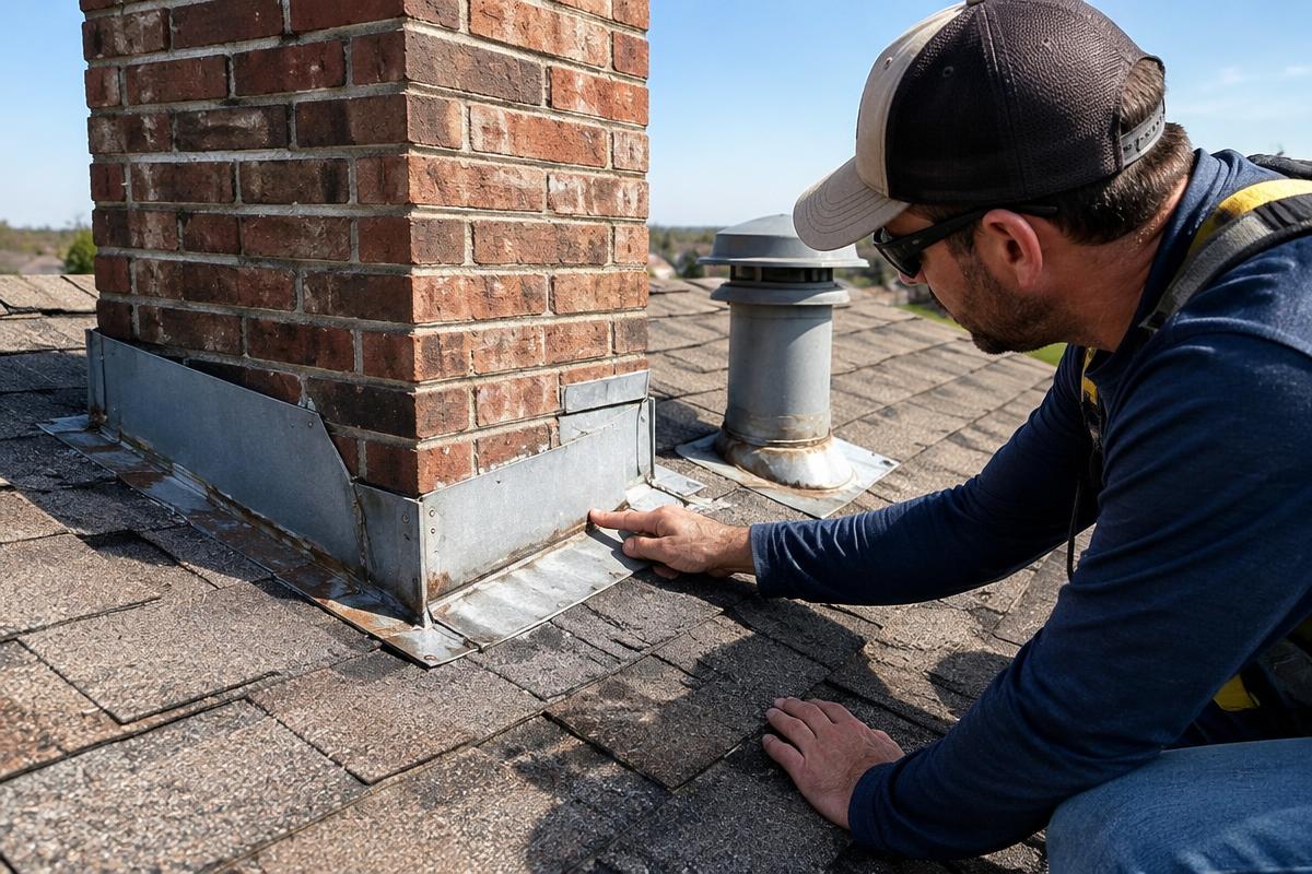 Roofer inspecting chimney and vent flashing in Royse City, TX