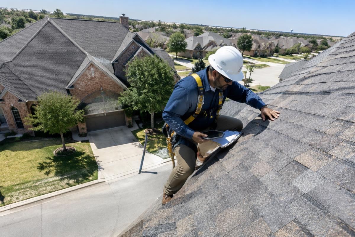 Aerial view of a roof inspection in Royse City, TX
