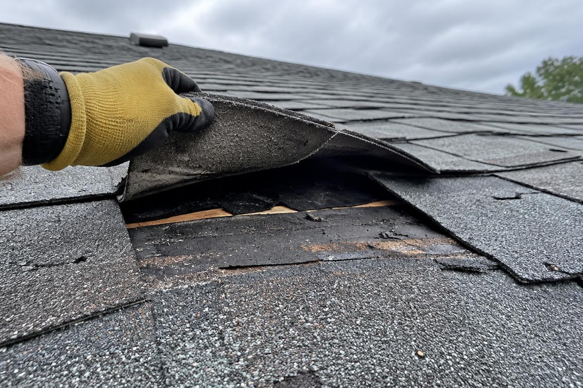 Roofer inspecting wind-lifted, storm-damaged shingles on a Mesquite, TX home